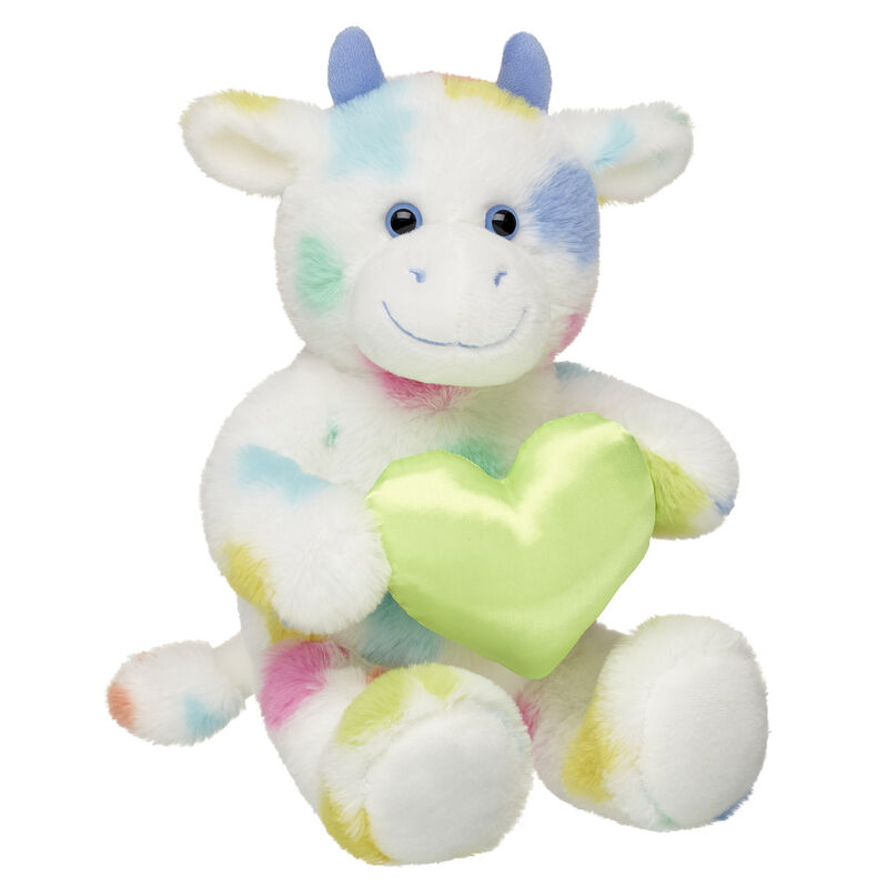 Colorful Splatter Cow Stuffed Animal With Green Heart 